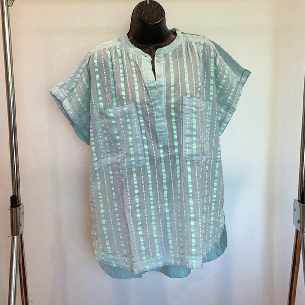 Maeve by Anthropologie Striped Baby Blue and Teal Blouse, Size Large